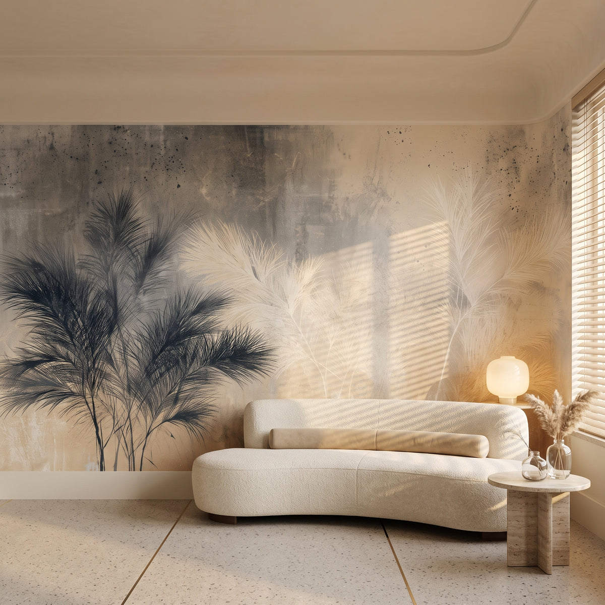 SPECKLED FROND w aranżacji holu hotelu Art Deco w Miami Beach, przed ścianą zaokrąglona sofa i trawertynowy stolik