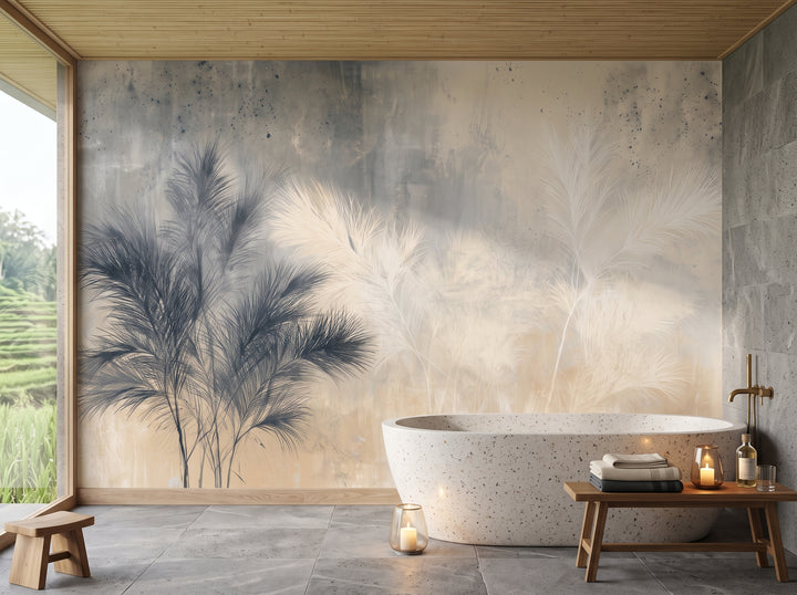 SPECKLED FROND in a spa bathroom setting in a villa near Ubud, with a terrazzo bath and a teak bench in front of the wall