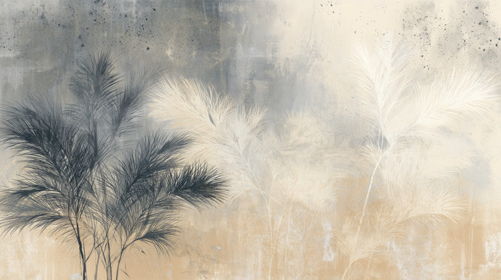 SPECKLED FROND – the full design: a dark palm clump on the left, cream leaf plumes and a weathered background in grey and ochre