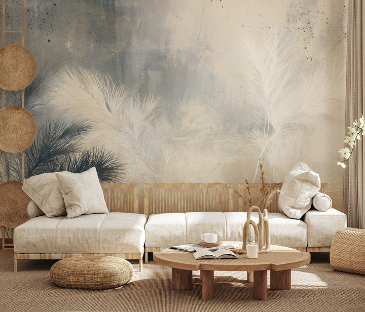 SPECKLED FROND across the whole wall of a bright living room – the plumes rise high above the sofa and the dark palm leans out from behind its left side