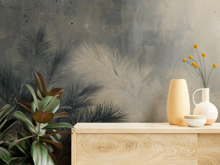 SPECKLED FROND close up – feathery leaves of the dark palm and cream plumes above a wooden chest of drawers with vases