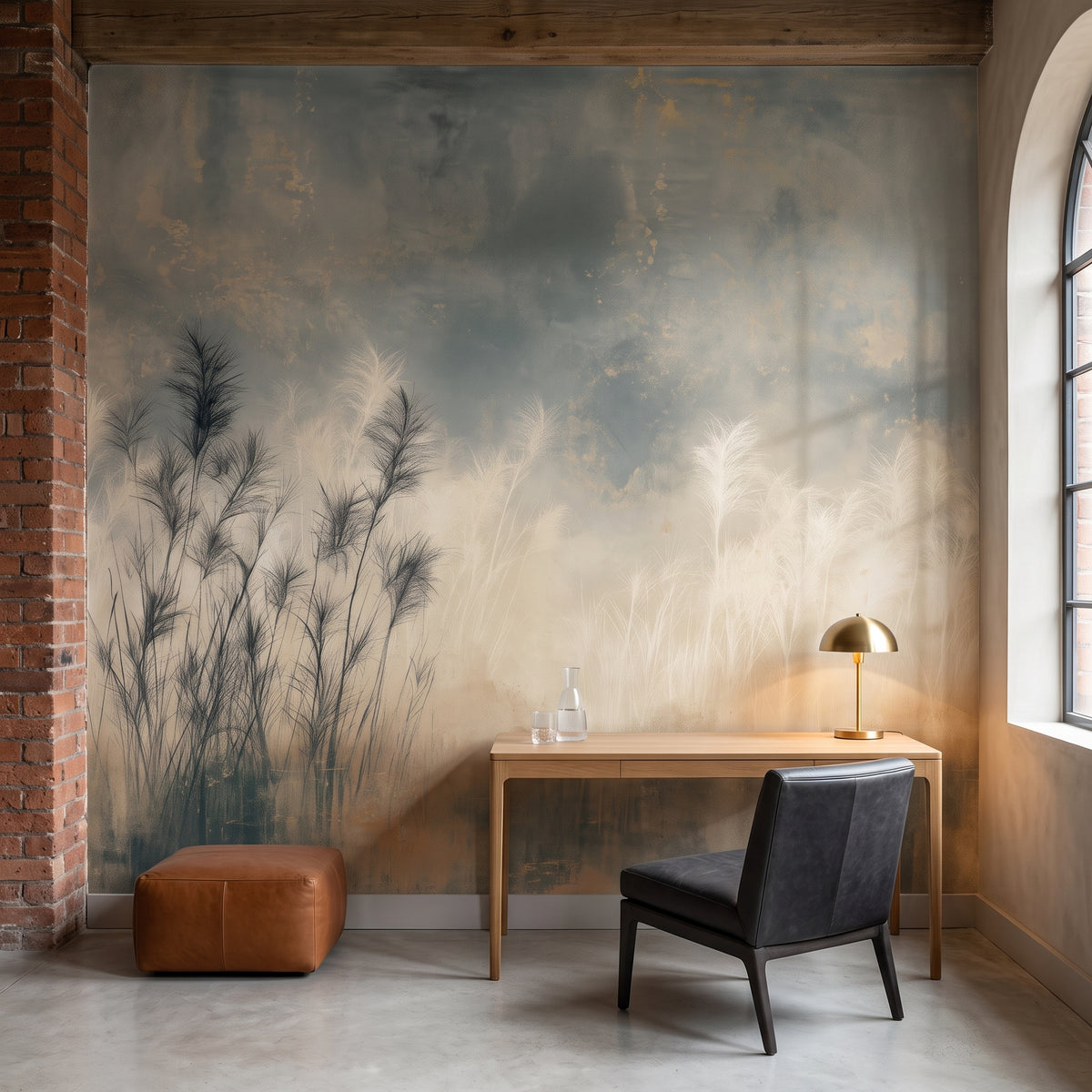 SQUALL in der Raumgestaltung: Arbeitszimmer in einer ehemaligen Spinnerei in Manchester, vor der Wand Eichenschreibtisch, Sessel und Lederpouf