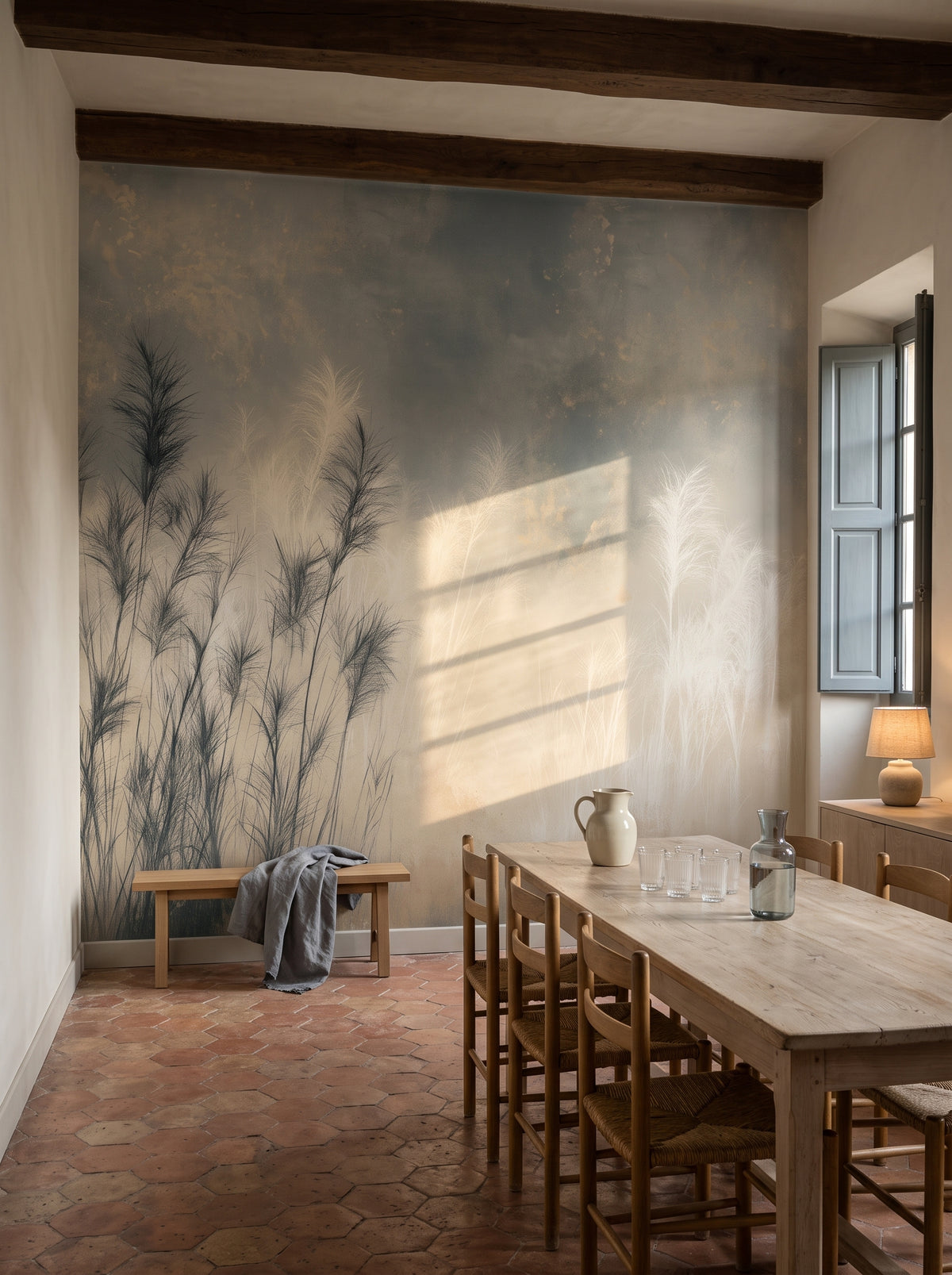 SQUALL in der Raumgestaltung: Esszimmer in einem Steinhaus in Südfrankreich, vor der Wand eine niedrige Bank und ein langer Tisch mit Stühlen