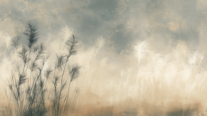 SQUALL – full design: dark clump of grass on the left, pale field of plumes and a cloudy grey-blue sky
