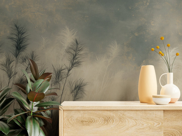 SQUALL up close: graphite and cream grass plumes against a worn sky above a pale wooden chest of drawers