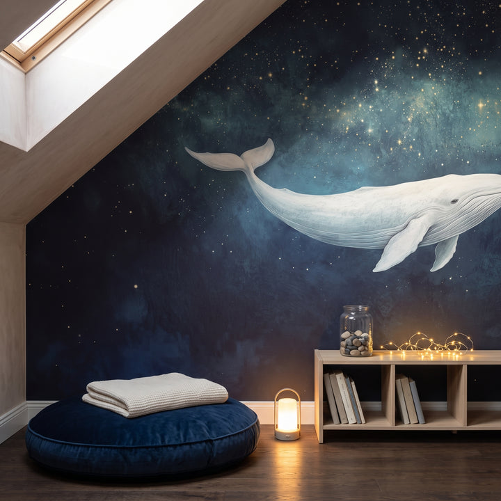 STARLIT WHALE in der Raumgestaltung einer Leseecke unter dem Dach: Wal und Sterne über Bodenkissen, daneben Bücherregal und Laterne