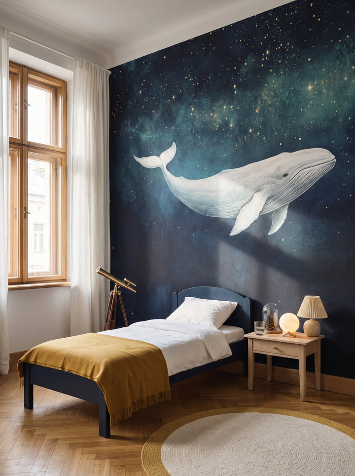 STARLIT WHALE in der Raumgestaltung eines Kinderzimmers: weißer Wal und Sterne über niedrigem Bett, daneben Tisch mit Lampe und Teleskop