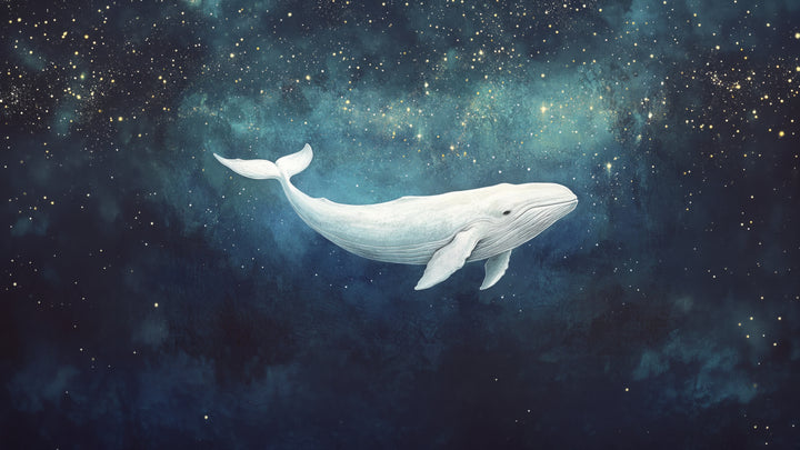STARLIT WHALE – vollständiges Motiv: kleiner weißer Wal am dunkelblauen Himmel mit goldenen und weißen Sternen, um ihn Türkis