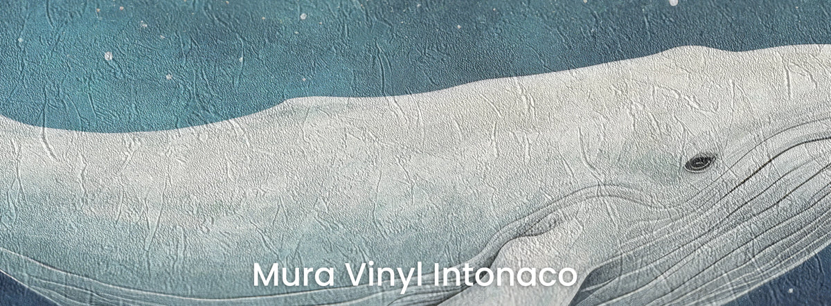 STARLIT WHALE on Mura Vinyl Intonaco: the whale’s back and eye on a turquoise background, trowelled plaster texture