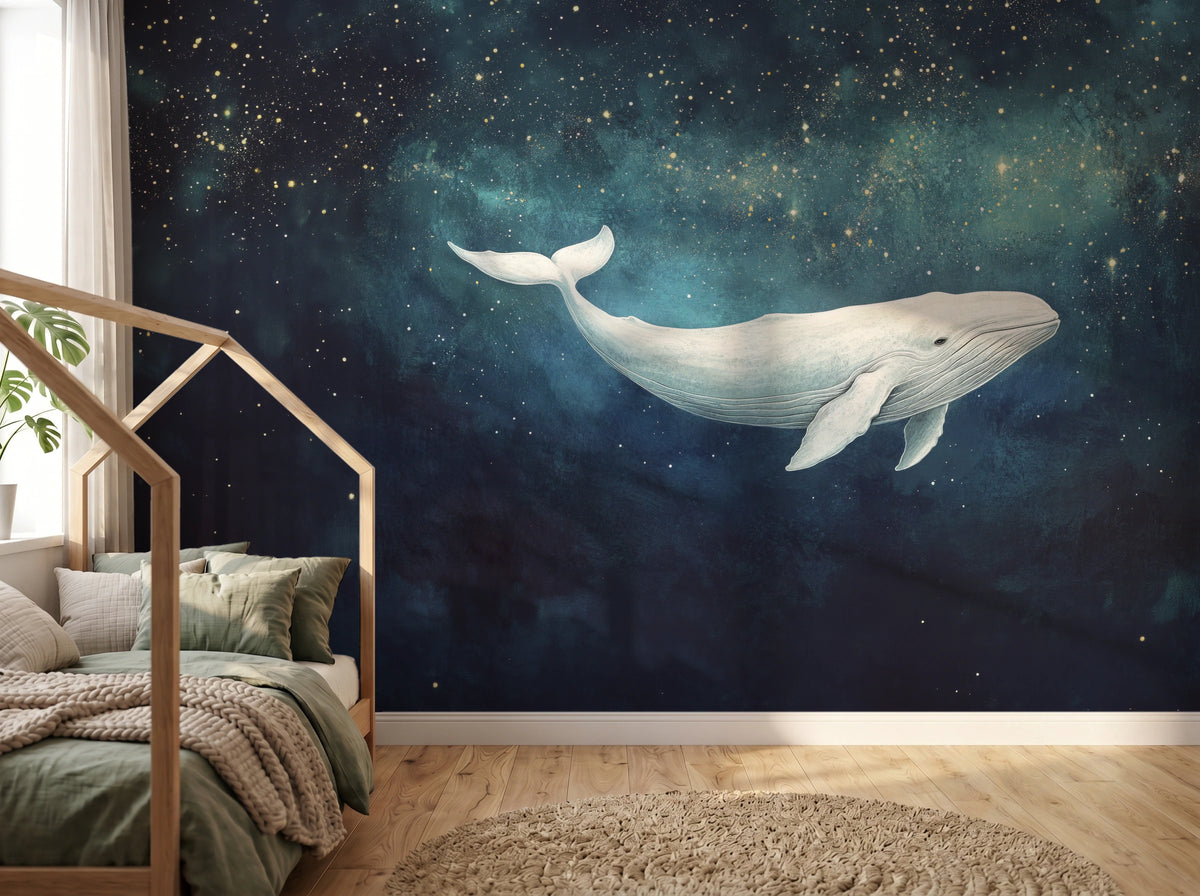 STARLIT WHALE on a full children’s-room wall: whale and starry sky beside a house-shaped bed