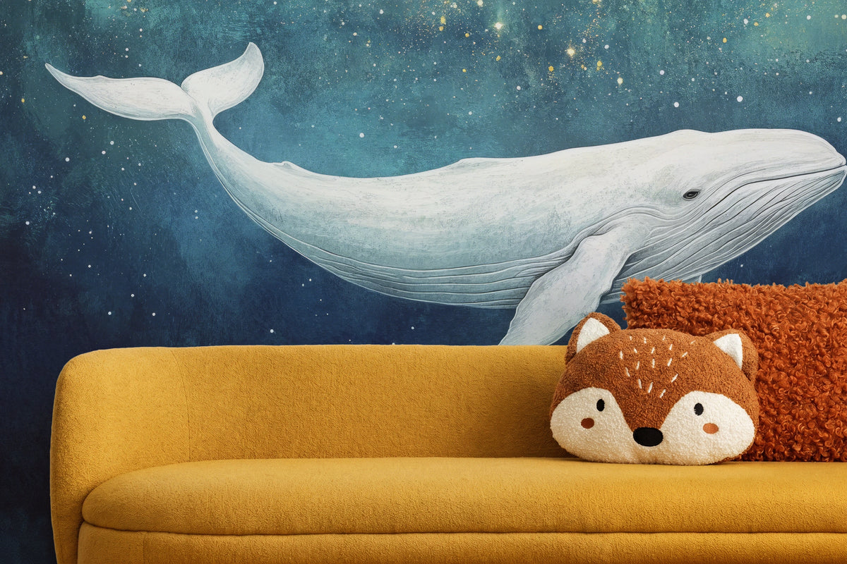 STARLIT WHALE close-up: white whale with a raised tail and tiny stars above a mustard sofa with a fox-shaped cushion