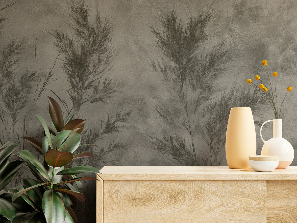 STEM AND SMOKE z bliska – olejna faktura wiech nad jasną drewnianą komodą z wazonami