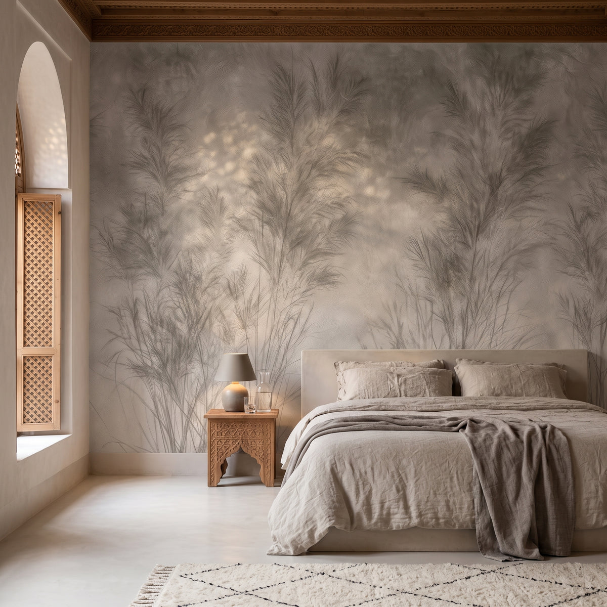 STILL CLEARING im Interieur eines Schlafzimmers in einem Riad mit niedrigem Bett und geschnitztem Zedernholztisch mit Leuchte