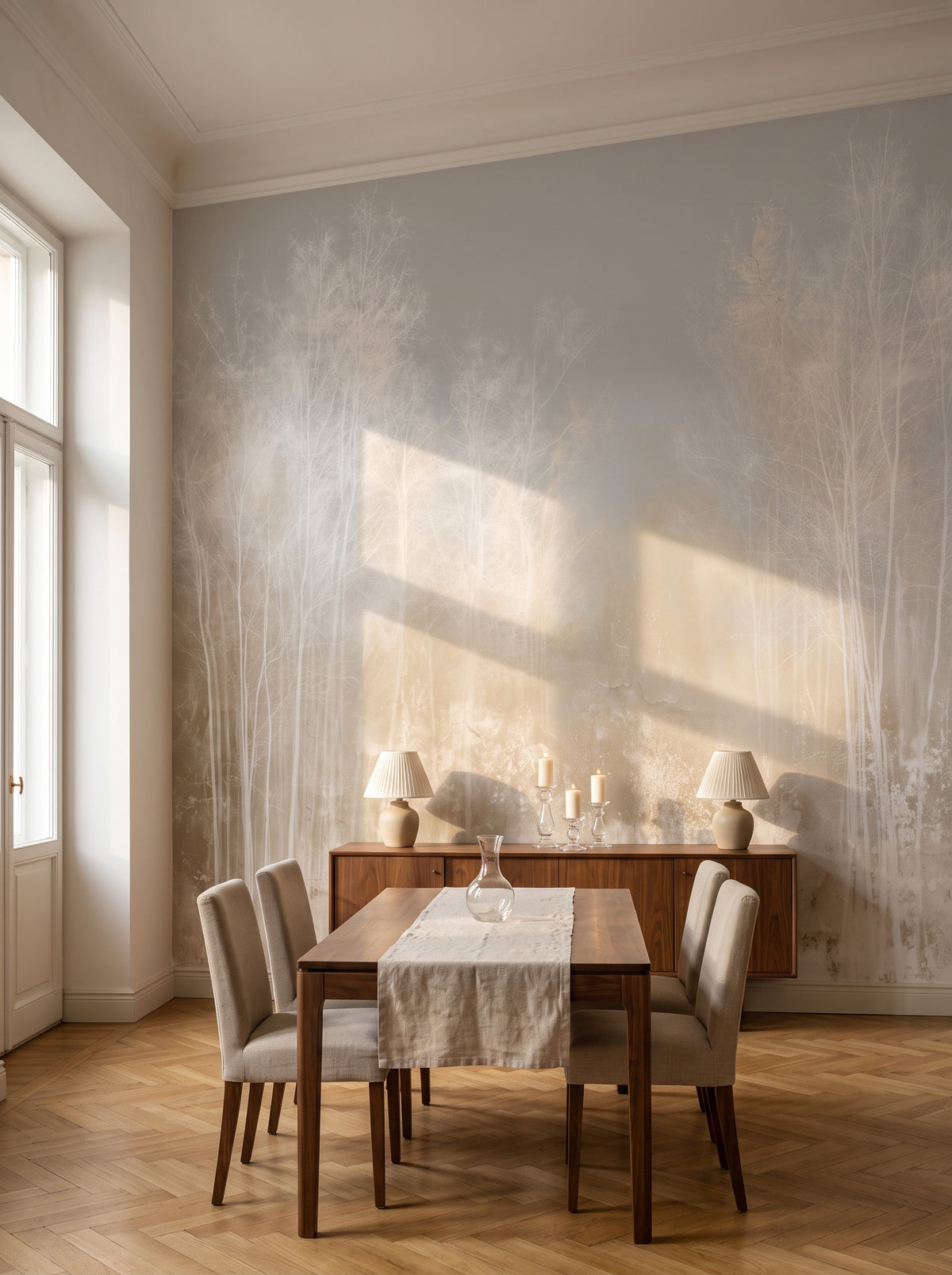 STILL GLADE dans une salle à manger d'un immeuble ancien de Varsovie, devant le mur un buffet bas en noyer, une table et quatre chaises