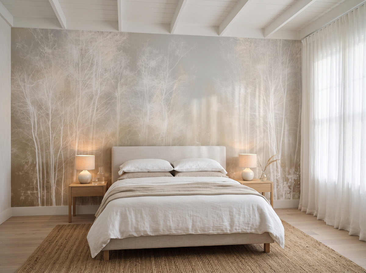 STILL GLADE dans une chambre d'une maison de plage des Hamptons, devant le mur un lit bas et des chevets en chêne