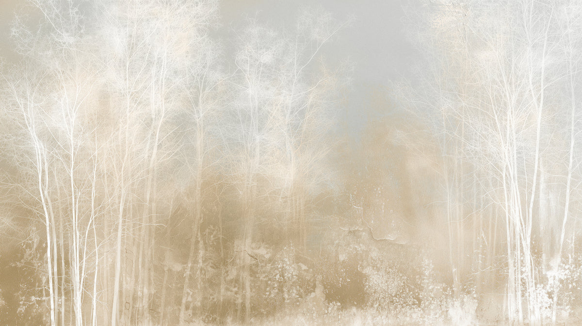 STILL GLADE – motif entier : clairière dans la brume, troncs blancs sur les côtés et fond sable chaud en bas