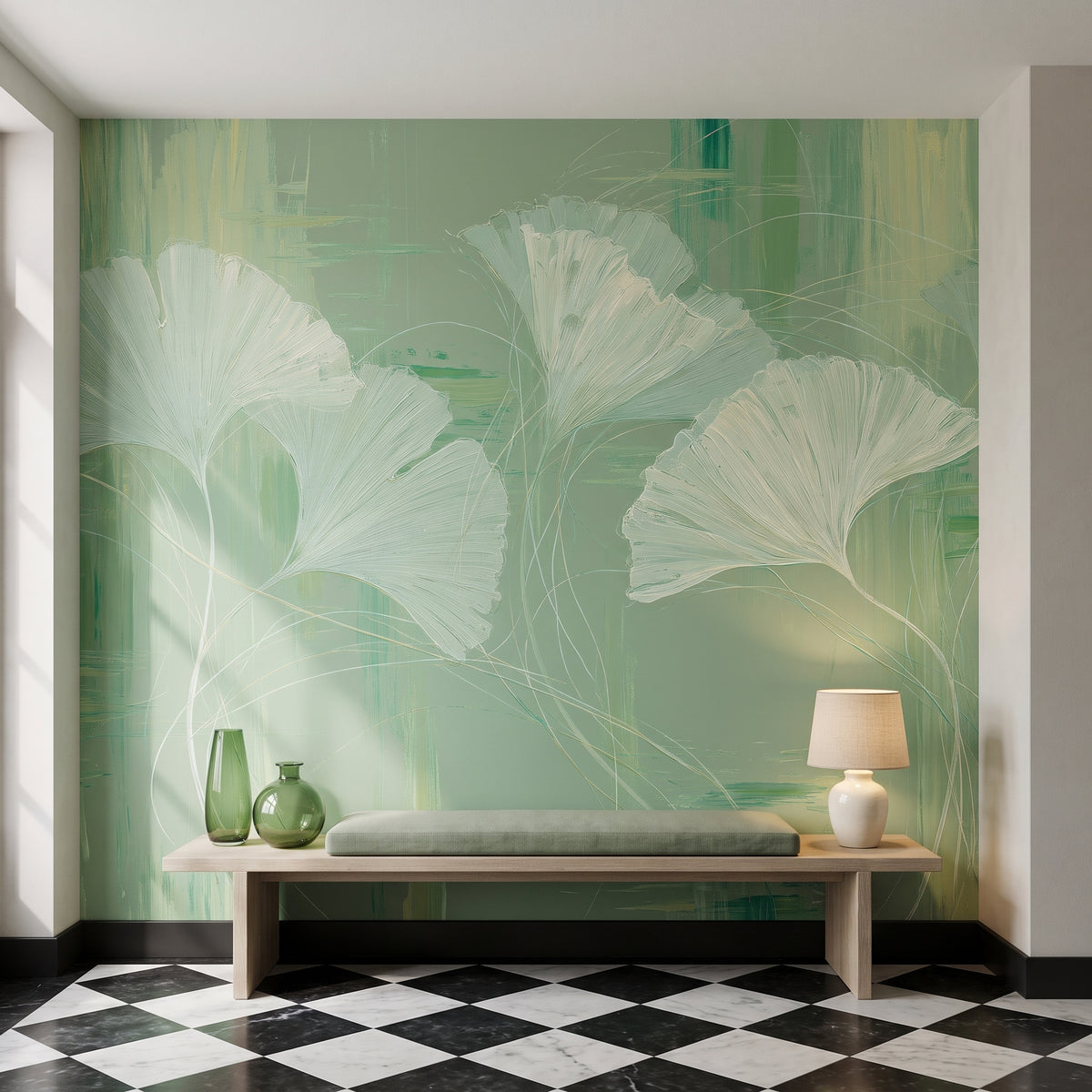 STILL POND dans le hall d’une maison de ville à Amsterdam, devant le mur un banc bas avec un coussin et des vases en verre vert