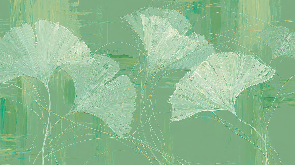 STILL POND – motif complet : grandes feuilles de ginkgo vert menthe, effet peinture épaisse, sur un fond sauge à traînées émeraude
