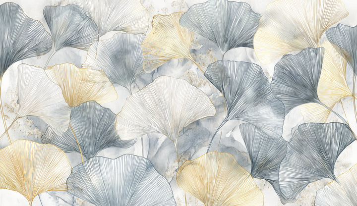 STRAW AND SLATE – il motivo intero: fitte foglie di ginkgo color ardesia, bianche e paglierine disposte a strati come squame