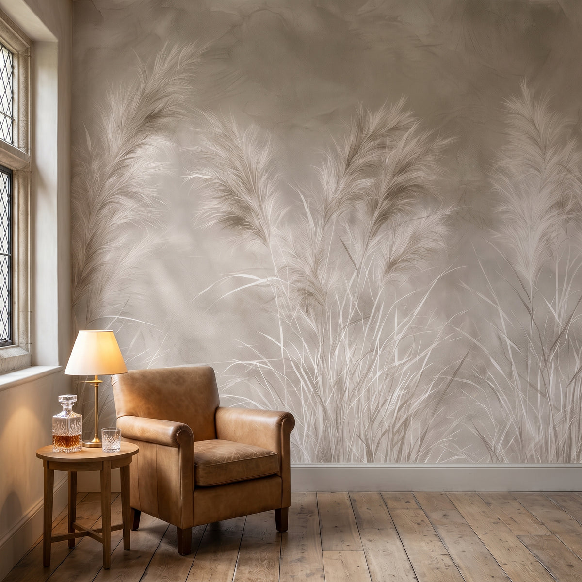 STUCCO TRIO w aranżacji kącika do czytania w kamiennym dworze w Cotswolds, przed ścianą skórzany fotel i stolik z lampą