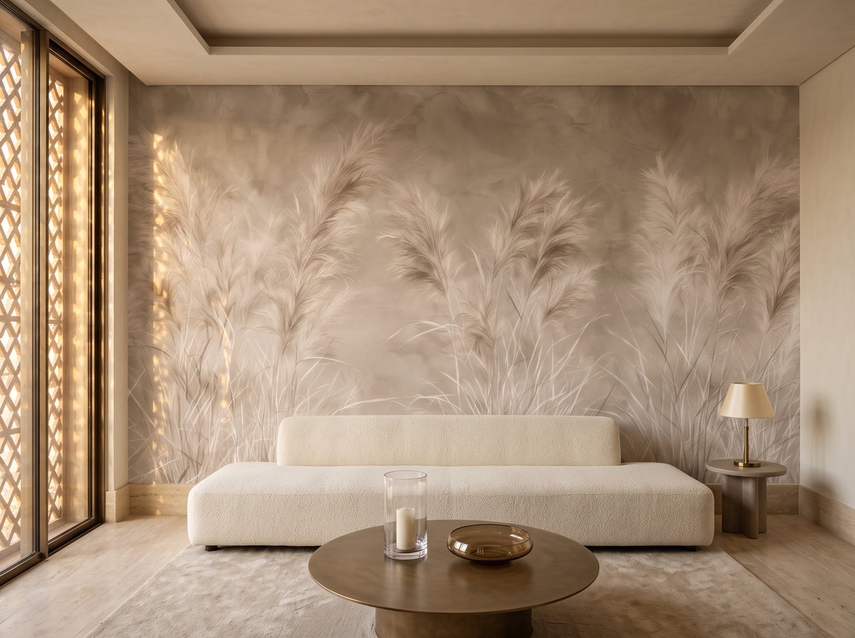 STUCCO TRIO w aranżacji apartamentu w pustynnym resorcie, przed ścianą niska kremowa sofa i stolik z brązu
