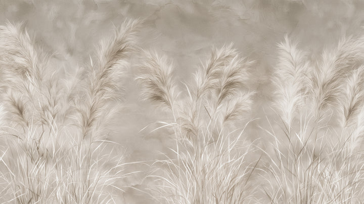 STUCCO TRIO – diseño completo: tres matas de hierba de la pampa en fila sobre fondo gris beige como un revoco antiguo