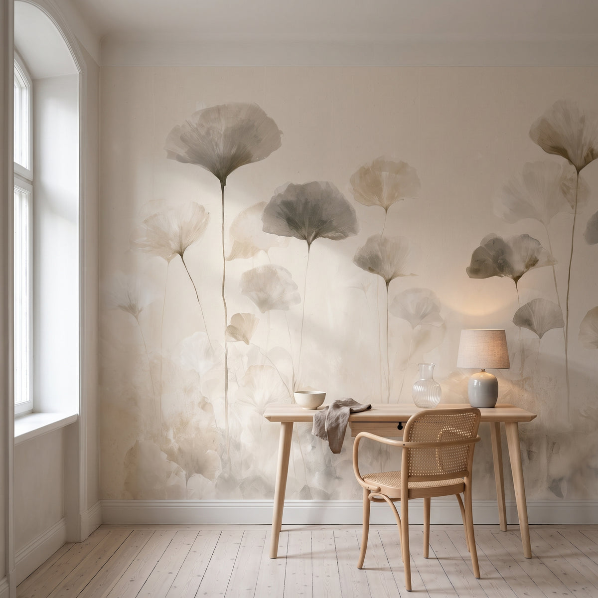 SUMI STEMS in a study setting in a Stockholm flat, with a birch desk and a chair with a woven seat in front of the wall