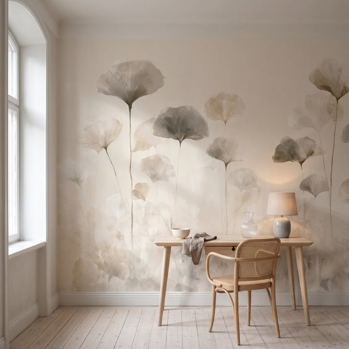 SUMI STEMS in a study setting in a Stockholm flat, with a birch desk and a chair with a woven seat in front of the wall