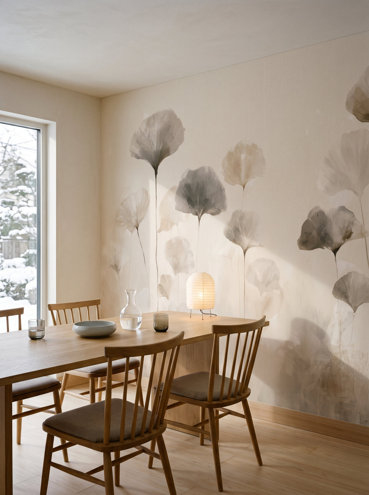 SUMI STEMS in a dining room setting in a Japandi-style house in Sapporo, with a long oak table and chairs in front of the wall