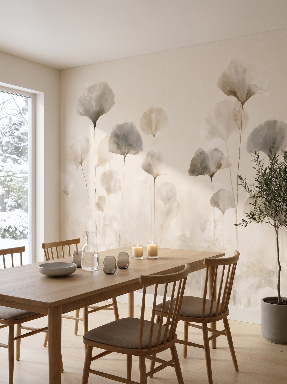 SUMI STEMS – mise en scène : salle à manger d'une maison japandi à Sapporo, devant le mur une longue table en chêne et des chaises