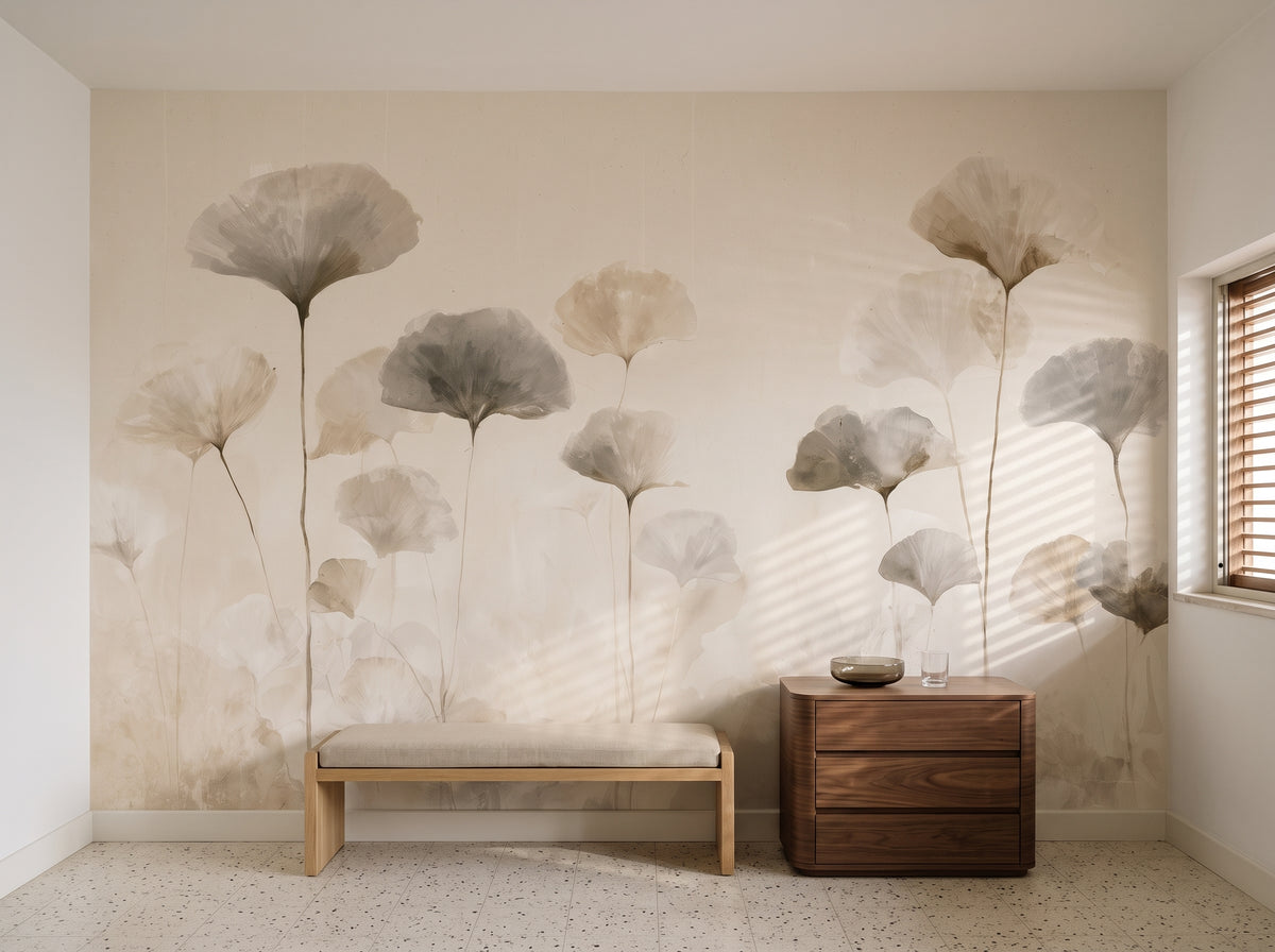 SUMI STEMS in a hall setting in a Bauhaus-style villa in Tel Aviv, with a low bench and a walnut chest of drawers in front of the wall