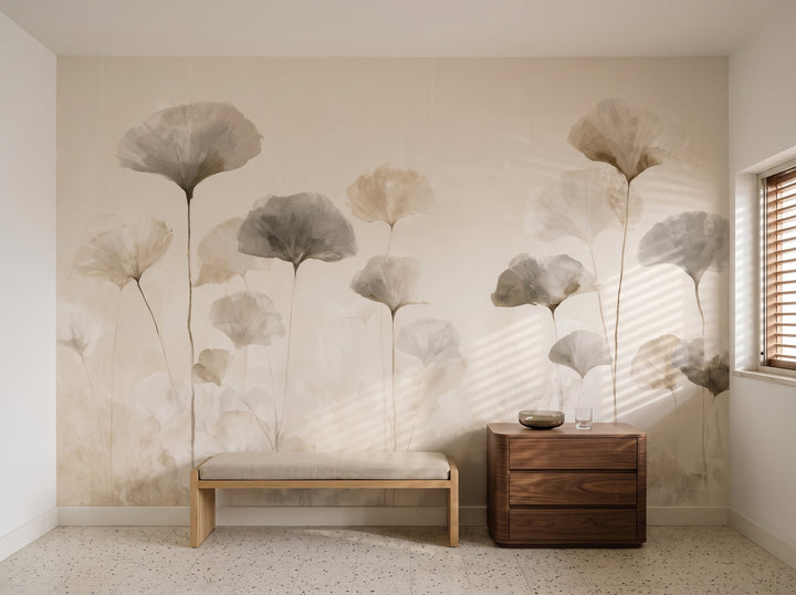 SUMI STEMS in a hall setting in a Bauhaus-style villa in Tel Aviv, with a low bench and a walnut chest of drawers in front of the wall
