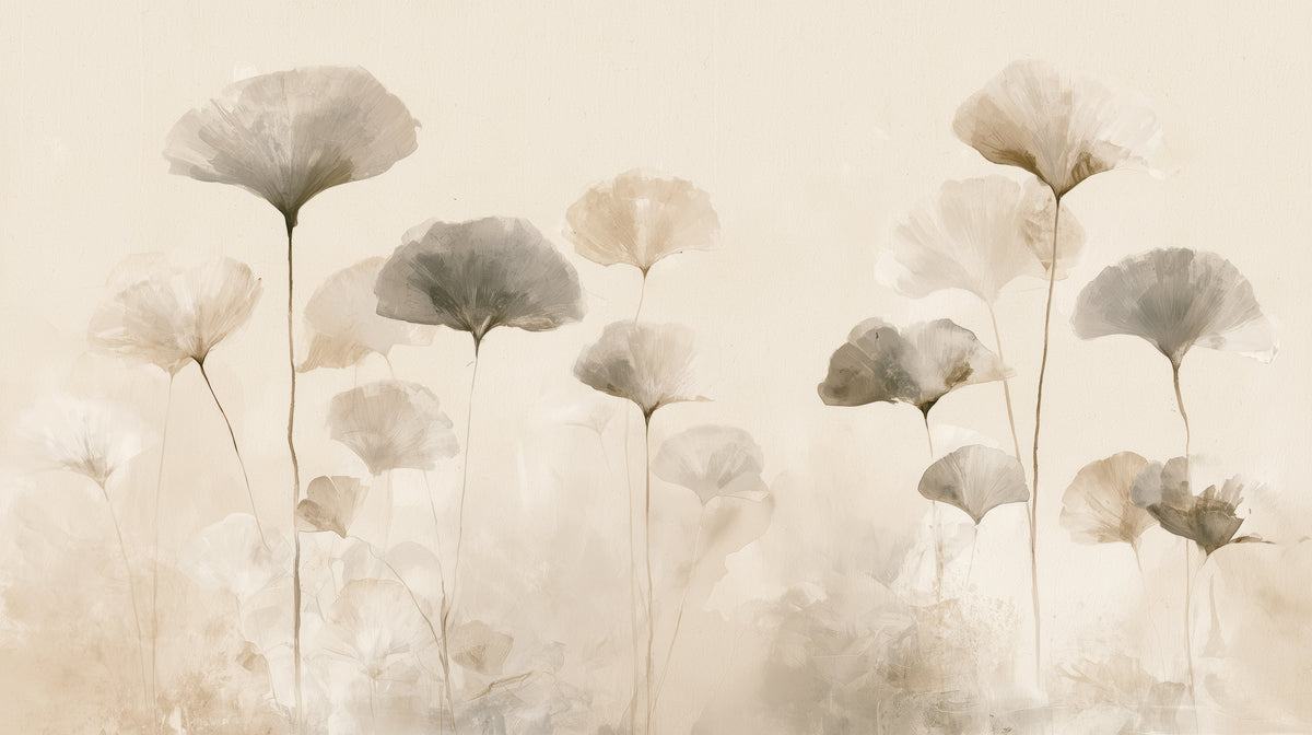 Pattern preview: SUMI STEMS – the full design: grey and taupe ginkgo leaves on tall stems above a misty base, on a cream background
