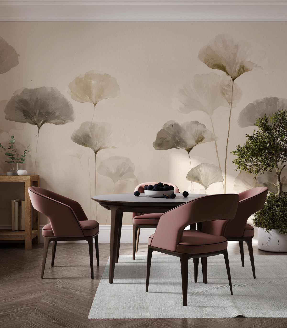 SUMI STEMS on a dining room wall – tall stems with leaves above a round table and small armchairs show the scale
