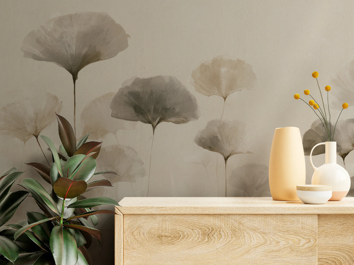 SUMI STEMS close up – watercolour leaves in greys and taupe above a pale chest of drawers with vases