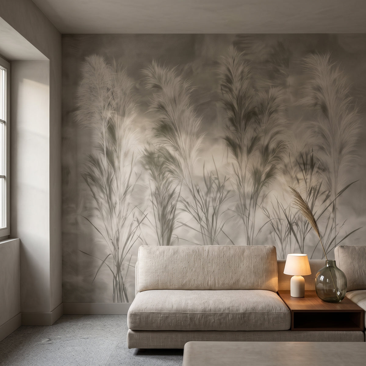 SWANSDOWN in einer Wohnzimmer-Raumgestaltung in einem Granithaus in Galicien – niedriges Sofa vor der Wand