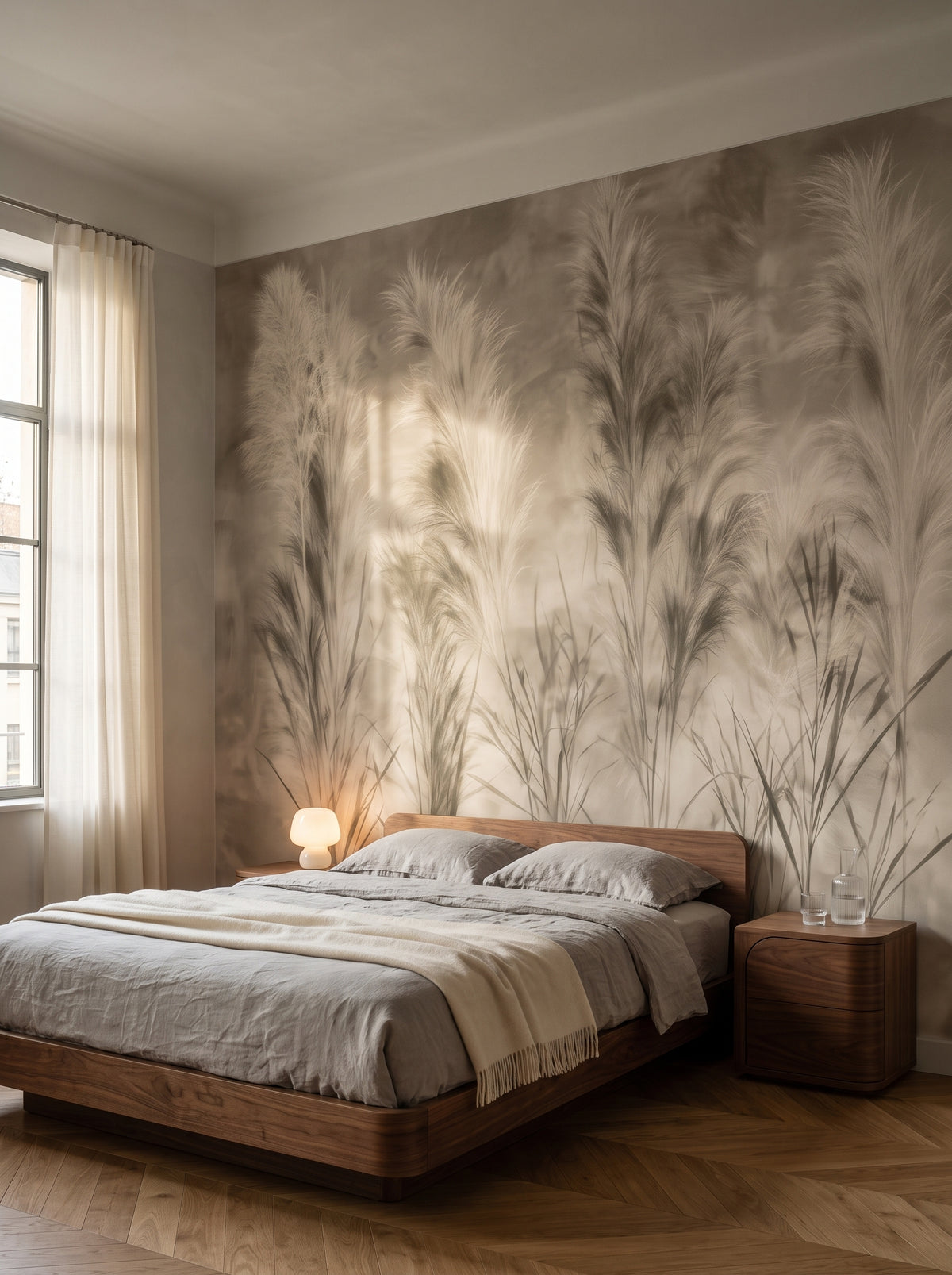 SWANSDOWN in einer Schlafzimmer-Raumgestaltung in einem Altbau der 1930er-Jahre in Riga – niedriges Bett und Nachttisch aus Nussbaum vor der Wand