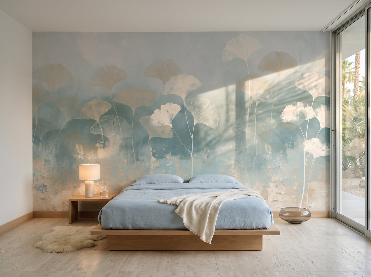 TALC AND TEAL en una ambientación de dormitorio en una casa de estilo moderno de Palm Springs, con una cama baja de roble y una piel de oveja delante