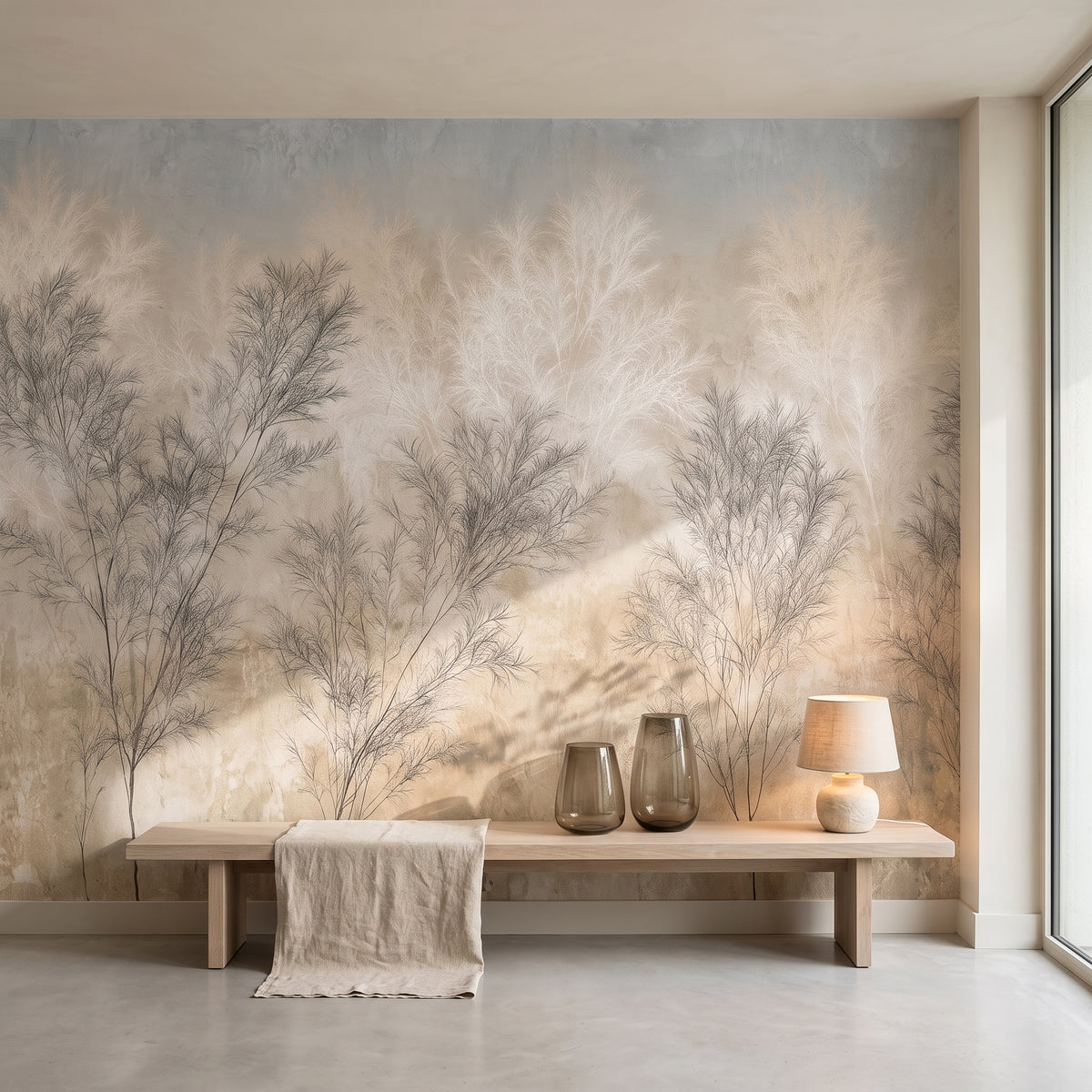 TAMARISK en la ambientación de un recibidor en una villa modernista de Amberes, con un banco bajo delante de la pared