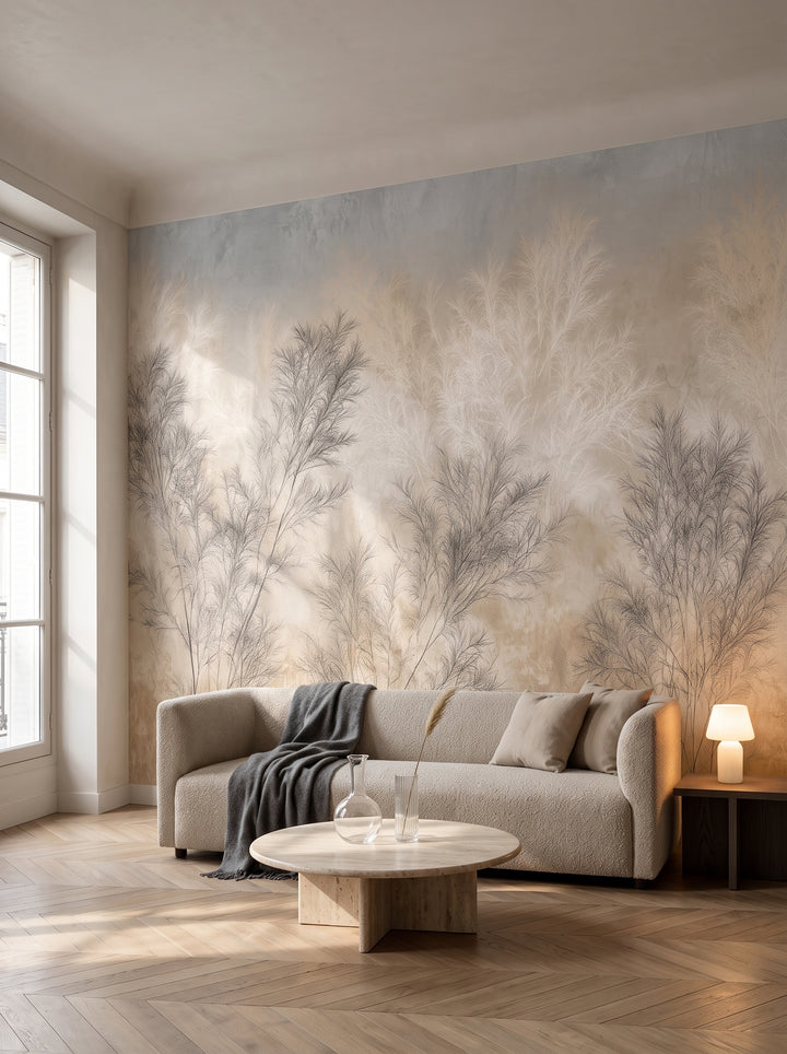 TAMARISK in a living room setting in a Parisian apartment building, with a low sofa and a travertine coffee table in front of the wall