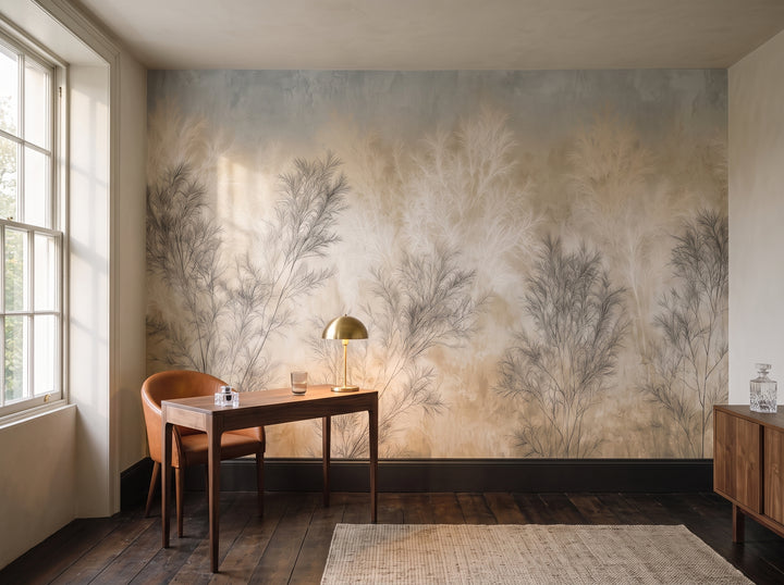 TAMARISK in a study setting in a Georgian townhouse in London, with a walnut desk with a lamp and a leather armchair in front of the wall