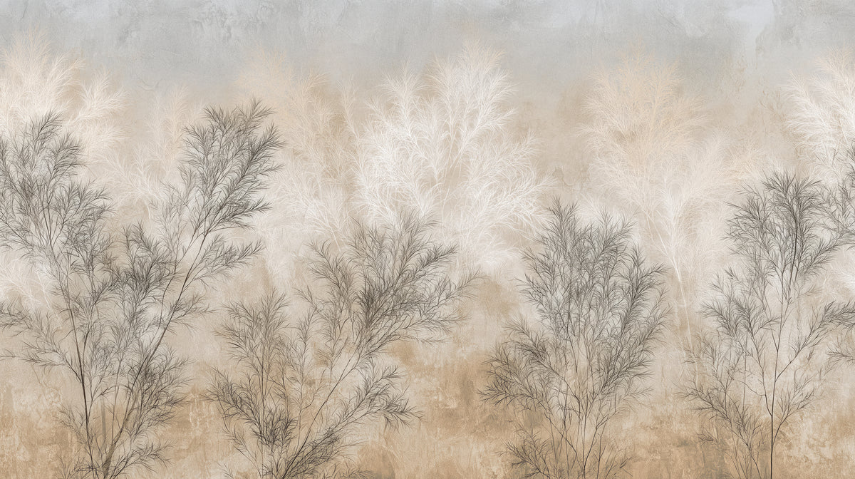 TAMARISK – diseño completo: cuatro matas gris oscuro de arbustos plumosos ante arbustos crema sobre fondo arena y gris
