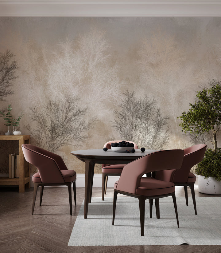 TAMARISK across a whole dining room wall: shrubs rising high above a round table and chairs in muted pink