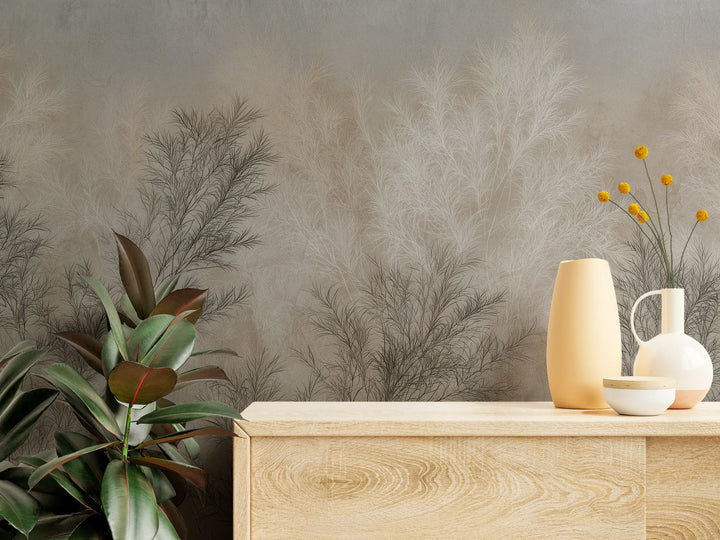 TAMARISK up close: dark grey and cream twigs above a light wooden chest of drawers with vases