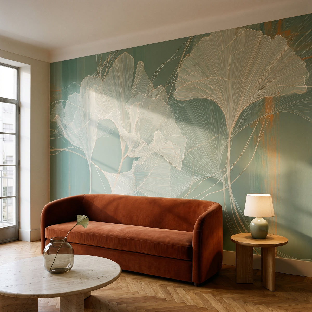 TANGERINE RUFFLE w aranżacji salonu w mieszkaniu w stolicy Meksyku, przed ścianą rdzawa aksamitna sofa i okrągły stolik