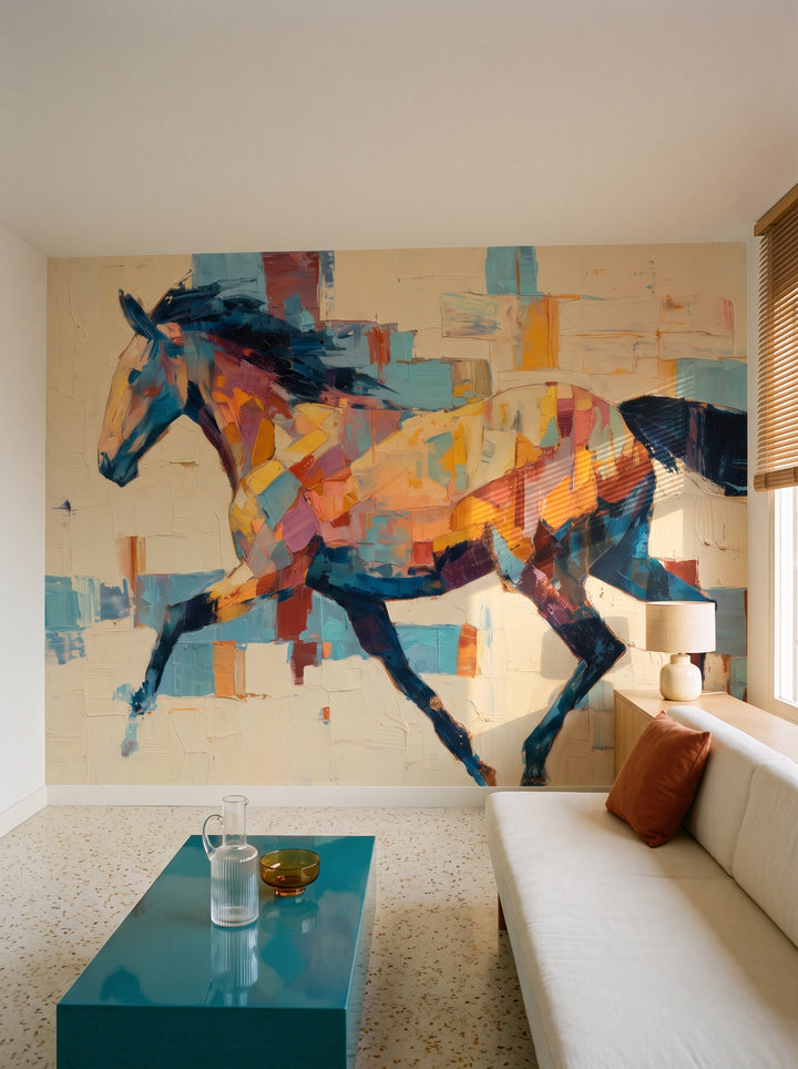 TANGERINE TROT en una ambientación de salón: caballo multicolor al trote sobre un sofá claro con cojín naranja y una mesa en tono azul mar