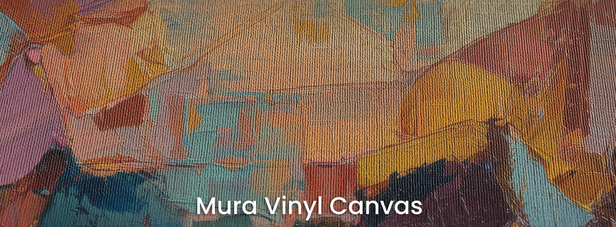 TANGERINE TROT auf dem Trägermaterial Mura Vinyl Canvas – orange und rosa Flecken auf natürlicher Leinwandstruktur