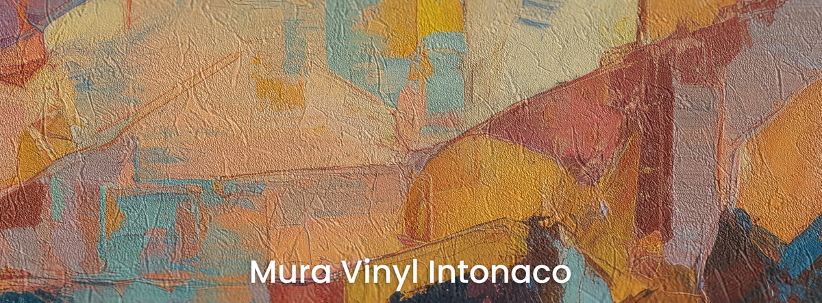 TANGERINE TROT auf dem Trägermaterial Mura Vinyl Intonaco – Orange, Gelb und Türkis auf Reibeputz-Struktur