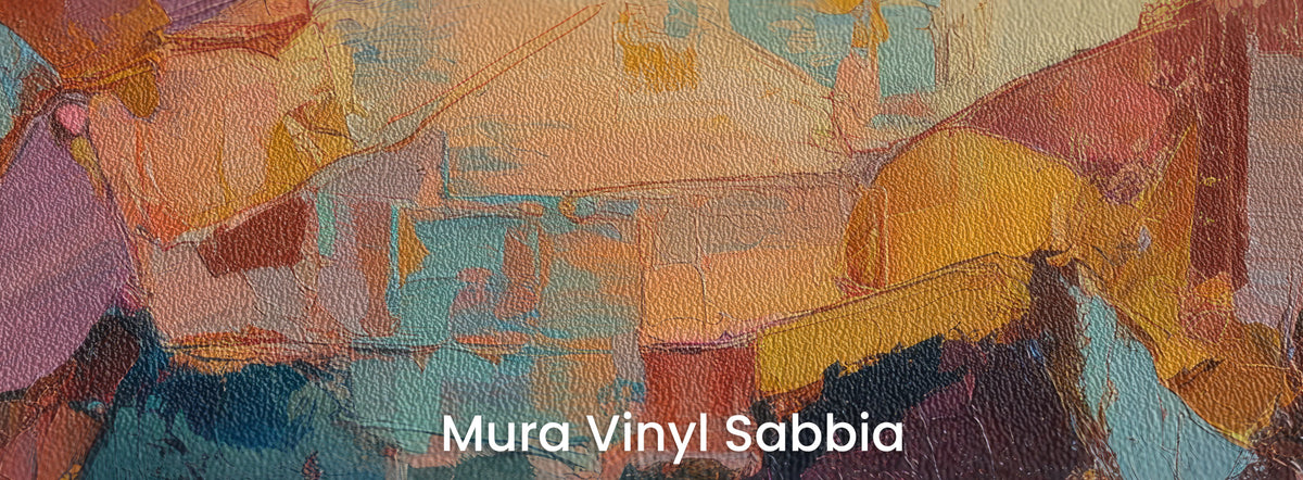 TANGERINE TROT auf dem Trägermaterial Mura Vinyl Sabbia – Mosaik aus Orange und Violett auf grober Sandkörnung
