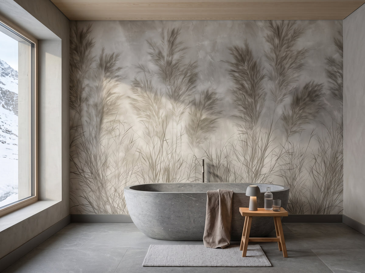 TANGLEWOOD im Badezimmer-Interieur eines Berghauses in Graubünden, davor eine freistehende Steinbadewanne